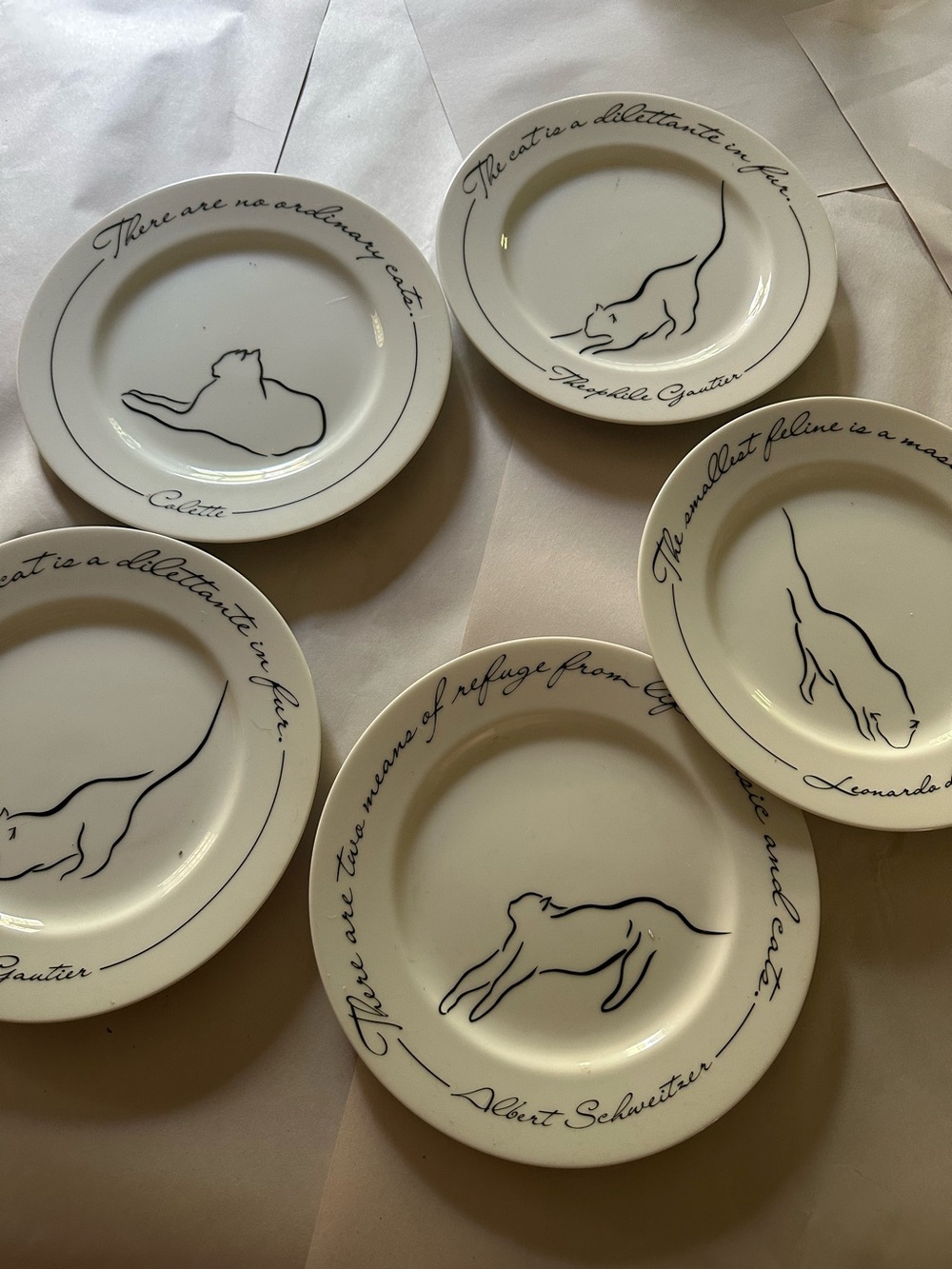 White Ceramic Dessert Plates with Navy Cat Line Drawings - Set of 5